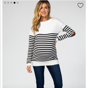 Ivory striped elbow patch knit maternity top